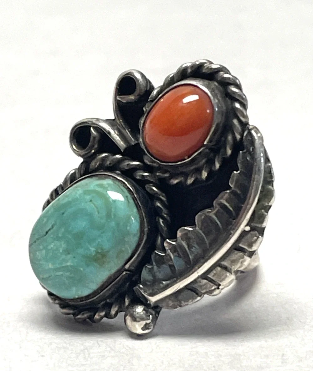 Vintage Native American Sterling Silver Turquoise Coral Ring Size 5